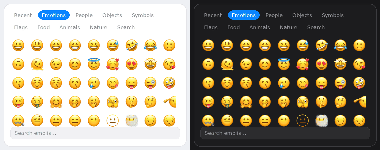 The Emoji Keyboard Suite popup shown in light mode and dark mode, with category tabs, a grid of emojis and a search box